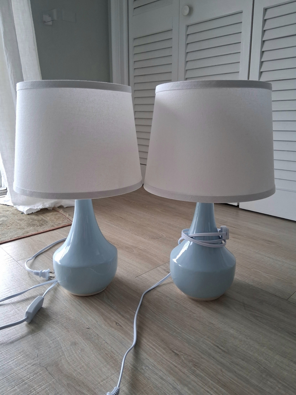Ceramic Table Lamp Pair in Light Blue with White Shades